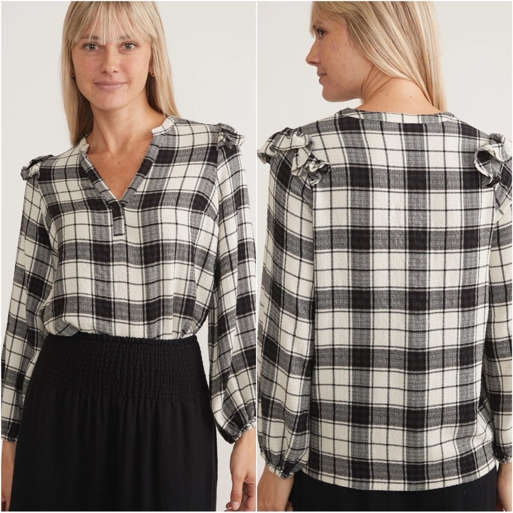 Marine Layer Blouse Jamie Ruffle Sleeve Top V-neck Relaxed Plaid Sz M